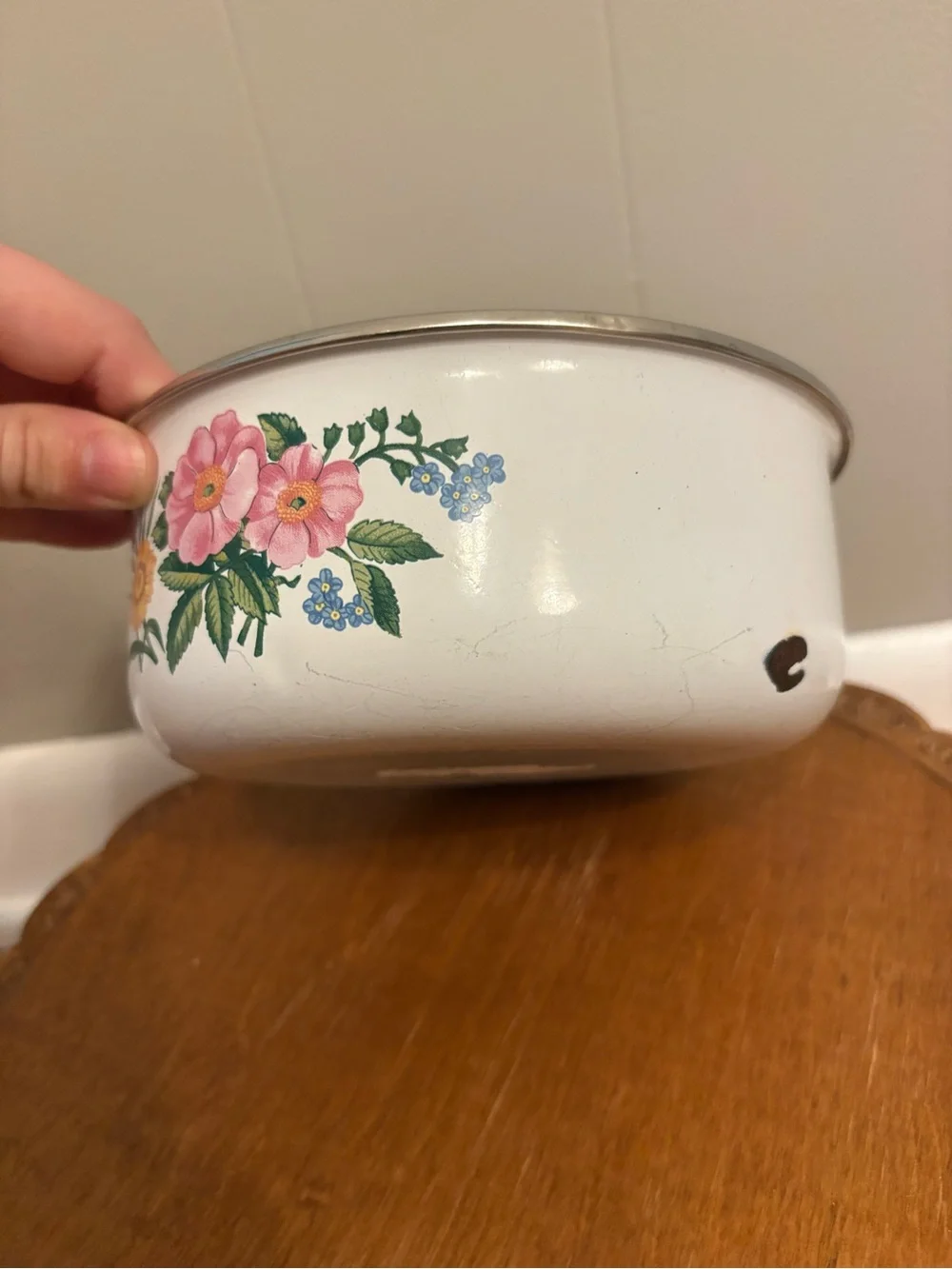 White Floral Enamel Bowl with Pink & Yellow Flowers